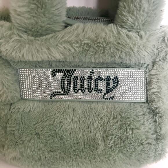 Juicy Couture Mini Tote Bag Sage Green Faux Fur Rhinestone Logo Top Handle - Picture 2 of 8